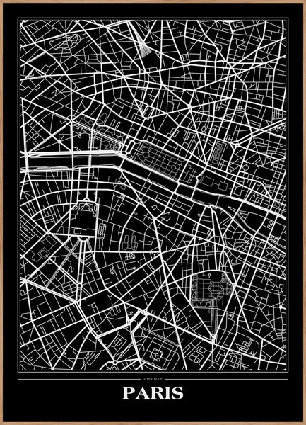 Map Paris Black | INDRAMMET BILLEDE Indrammet billede ART COPENHAGEN 30x40 Egeramme 