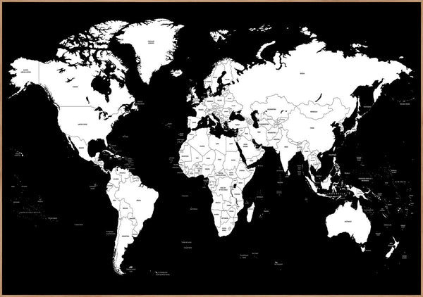 Worldmap Black | INDRAMMET BILLEDE Indrammet billede ART COPENHAGEN 30x40 Egeramme 