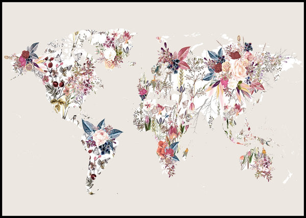 Worldmap flowers light | INDRAMMET BILLEDE Indrammet billede ART COPENHAGEN 30x40 Sort 