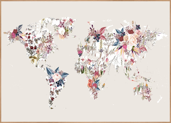 Worldmap flowers light | INDRAMMET BILLEDE Indrammet billede ART COPENHAGEN 30x40 Egeramme 