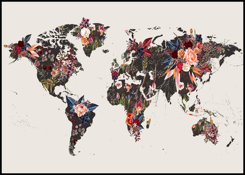 Worldmap flowers | INDRAMMET BILLEDE Indrammet billede ART COPENHAGEN 30x40 Sort 