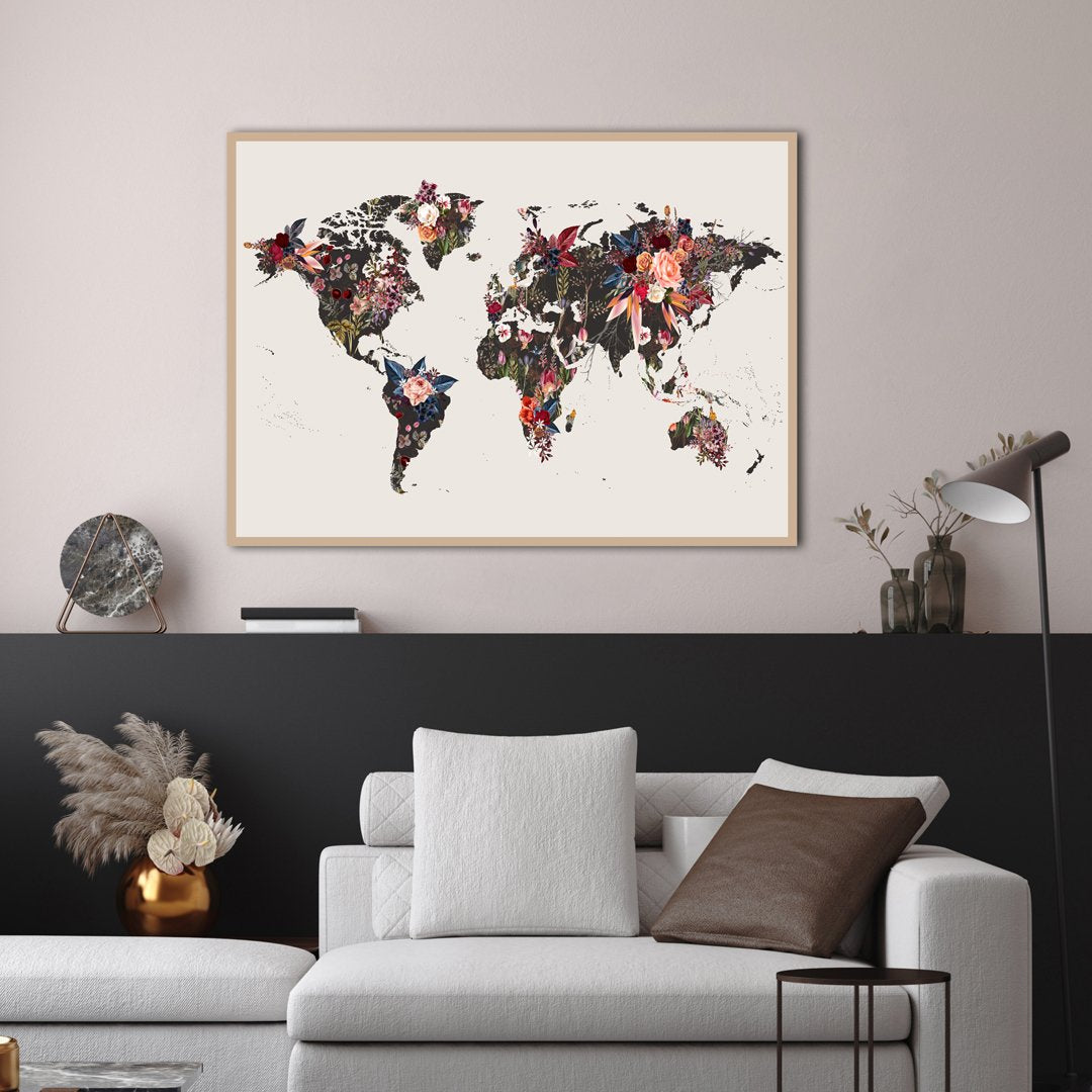 Worldmap flowers | INDRAMMET BILLEDE Indrammet billede ART COPENHAGEN 30x40 Sort 