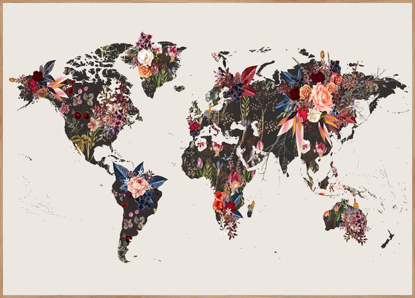 Worldmap flowers | INDRAMMET BILLEDE Indrammet billede ART COPENHAGEN 30x40 Egeramme 
